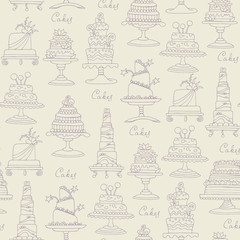 Vector seamless pattern with hand drawn isolated cakes on beige color