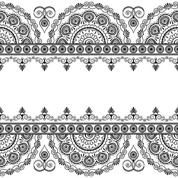 Seamless Indian mehndi border elements with flowers for cards and tattoo on white background.