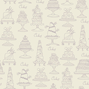 Vector seamless pattern with hand drawn isolated cakes on beige color