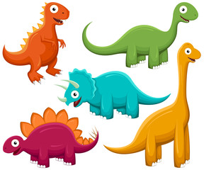 Vector illustration of a variety of brightly-colored happy cartoon dinosaurs.