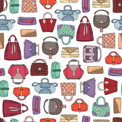 Vector seamless pattern with hand drawn isolated handbags for women