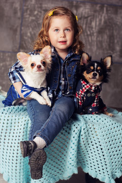 Girl is holding two small chuhuahua dogs