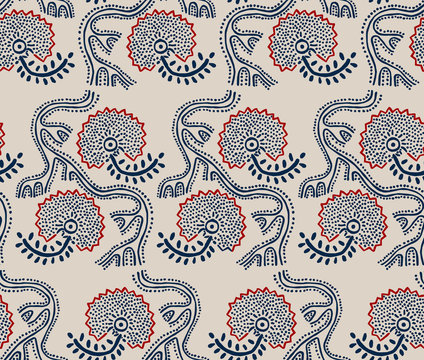 Seamless Floral Pattern, Traditional Block Printed Ornament, Handmade Russian Motif With Navy Blue And Red Flowers On Ecru Background. Textile Print.