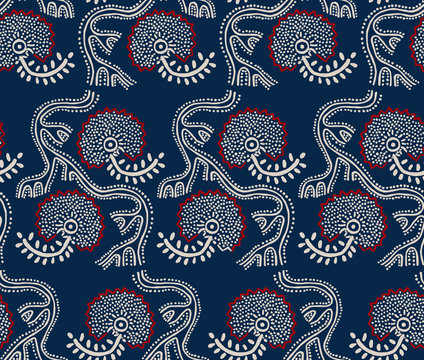 Seamless Floral Pattern, Traditional Block Printed Ornament, Handmade Russian Motif With Ecru And Red Flowers On Navy Blue Background. Textile Print.