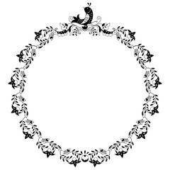Round black and white border frame with doodle flowers and bird. Can be used for decoration and design photo frame, menu, card, scrapbook, album. Vector Illustration