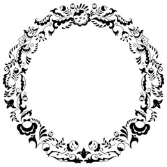 Round black and white border frame with doodle flowers. can be used for decoration and design photo frame, menu, card, scrapbook, album. Vector Illustration