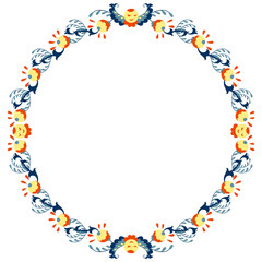 Round colored border frame with doodle flowers. Can be used for decoration and design photo frame, menu, card, scrapbook, album. Vector Illustration