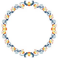 Round colored border frame with doodle flowers. Can be used for decoration and design photo frame, menu, card, scrapbook, album. Vector Illustration