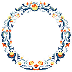 Round colored border frame with doodle flowers. can be used for decoration and design photo frame, menu, card, scrapbook, album. Vector Illustration