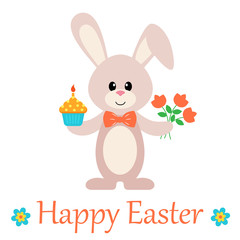 easter bunny with cake and flower and text