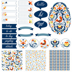 Stickers for organized planner. Cute spot graphics and doodle flower and bird patterns. Template for planner, scrapbooking, wrapping, wedding invitation, notebooks, diary.