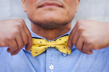 Mature man tying bow tie, close up