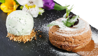 Chocolate lava cake with ice cream
