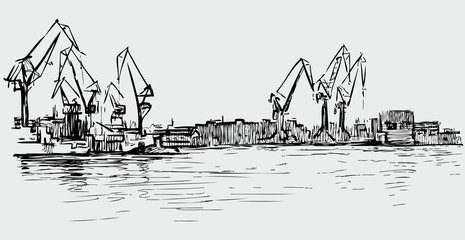 sketch of the cranes in the seaport