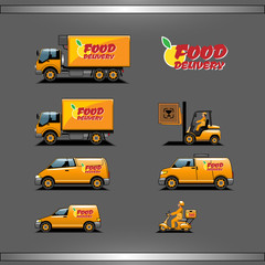 Food Delivery Vehicles Types. Electric Scooter, Forklift, Vans and Trucks vector icons set. Digital background flat illustration.