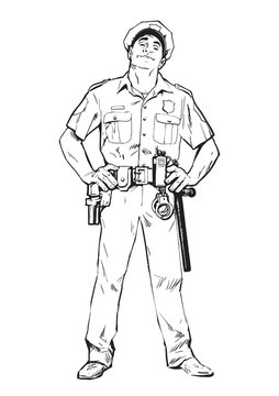 Content policeman in uniform. Blue form. Confident cop. Self-confident man in a blue uniform. The guy in the cap. Happy policeman. Strong character. Catch the criminals. illustration.