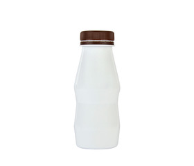 White plastic bottle with brown cap on white background