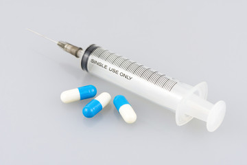 close up pill and syringe on white background