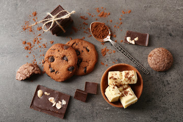 Chocolate chip cookies on dark grey background