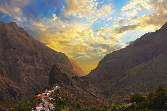 Sunset in canyon Masca at Tenerife island - Canary