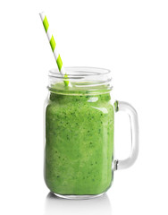 Jar of fresh avocado cocktail isolated on white