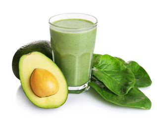 Glass of fresh avocado cocktail with spinach isolated on white