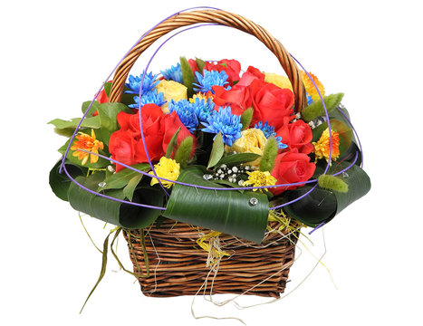 Flowers bunch wicker basket, with red  roses and blue chrysanthe