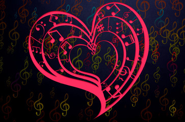 Heart collected from musical notes on dark background