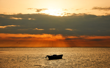 Marine landscape with boat, in France (Camargue)