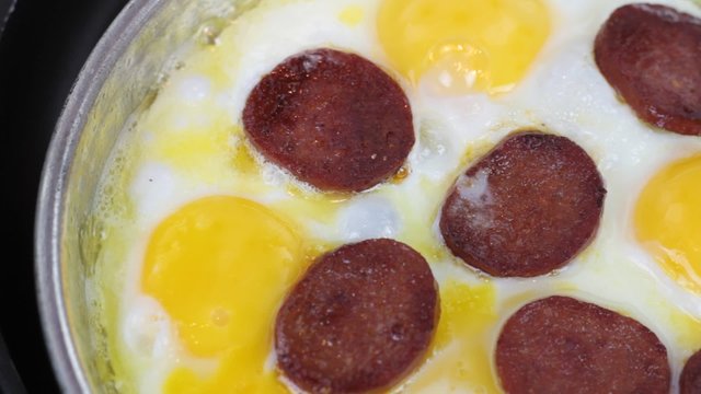 Turkish cuisine. Traditional fried egg and sausage. ( silent-hd 1080 video )