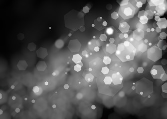 black background with blurred white bokeh lights in circles and hexagon shapes in diagonal pattern, dark night sky with glittering stars