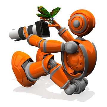 3D Photographer Robot Orange Color With DSLR Camera And White Lens, Butterfly on Thumb in Right Hand, Macro Photography
