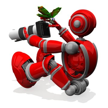 3D Photographer Robot Red Color With DSLR Camera And White Lens, Butterfly on Thumb in Right Hand, Macro Photography