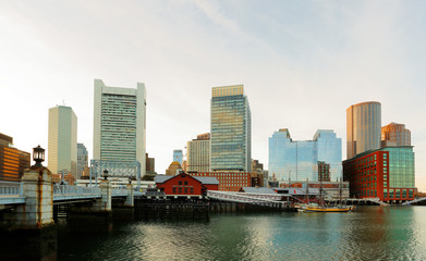 Fototapeta premium Boston Skyline Showing Financial District and Tea Party Museum, Boston, USA. 