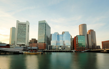 Fototapeta na wymiar Boston Skyline Showing Financial District and Tea Party Museum, Boston, USA. 