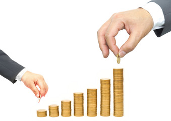 New and old generations of businessmen putting golden coins to stack of golden coins