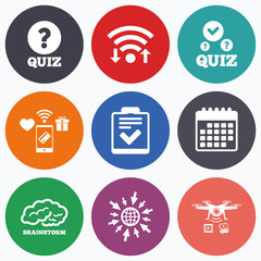 Quiz icons. Checklist and human brain symbols.