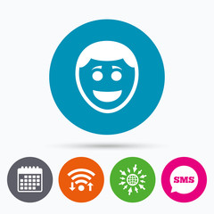 Smile face icon. Smiley with hairstyle symbol.