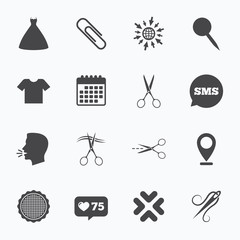 Tailor, sewing and embroidery icons. Scissors.