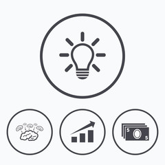 Chart with arrow, brainstorm. Cash money.