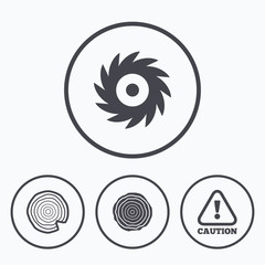 Wood and saw circular wheel icons. Attention.