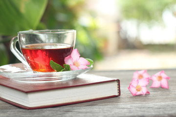 Cup of tea and mint on a wooden background