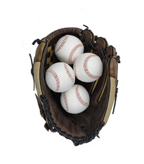 Baseball Glove with Four Baseballs Isolated on White Background.