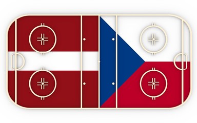 Latvia vs Czech. Ice hockey competition 2016. National flags on playground. 3D rendering