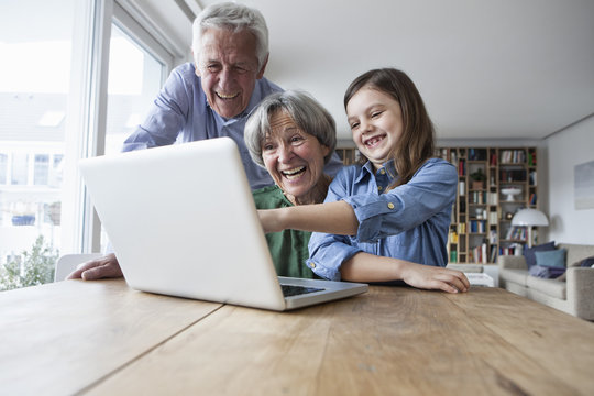 Grandparents and their granddaughter having fun with laptop at home