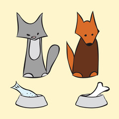 Abstract cat and dog. Pets and bowls of food. Kitten and the puppy and bowl with fish and bone