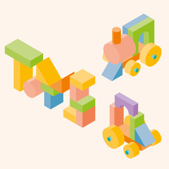 Colored building blocks for children. Vector set. 3d Isometric  train and car
