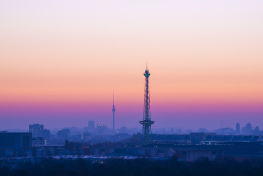 Berlin Sykline and colorful sky in the morning before sunrise
