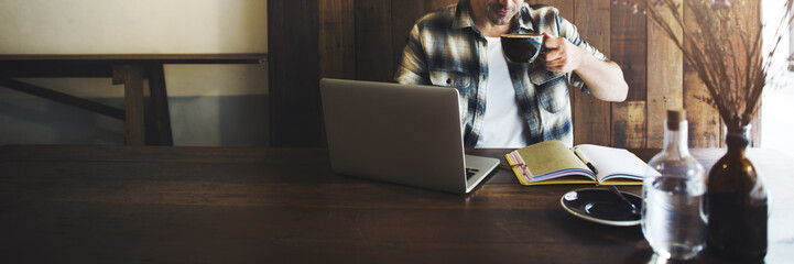 Man Relax Lifestyle Working Coffee Shop Concept