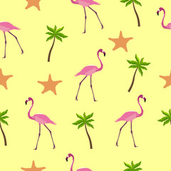 Seamless pattern flamingos, palm trees and starfish